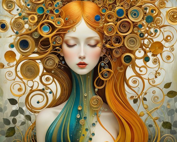 Serene figure with golden flowing hair and nature elements