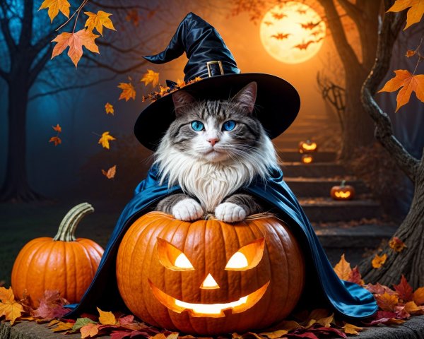 Cat in Witch Hat on Pumpkin with Autumn Leaves