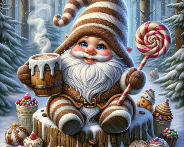 Cheerful Gnome in Snowy Forest with Festive Treats