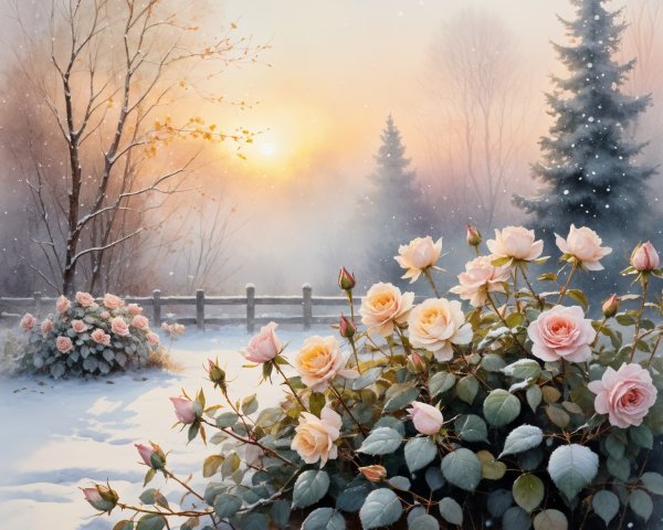 Serene Winter Landscape with Pink Roses and Snow