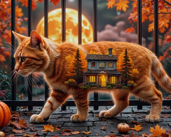 Autumn Scene with Cat, Moon, and Fall Foliage