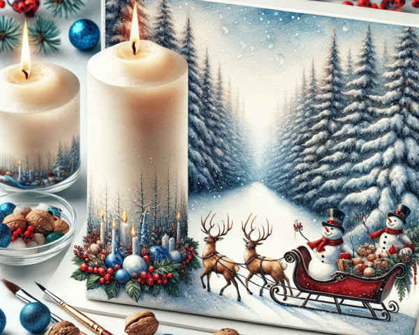 Winter-Themed Still Life with Christmas Card and Candles