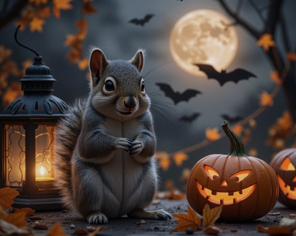 Squirrel in Halloween Scene with Lantern and Bats