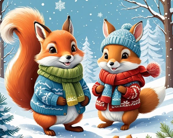 Winter Scene with Foxes in Sweaters in Snowy Forest