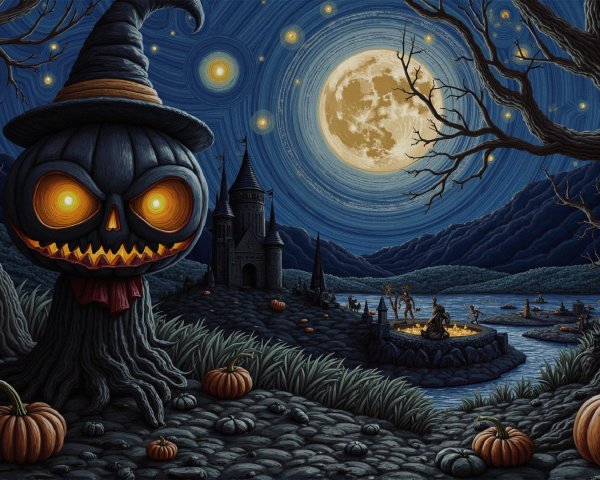 Sinister Halloween Scene with Jack-o'-Lantern and Castle