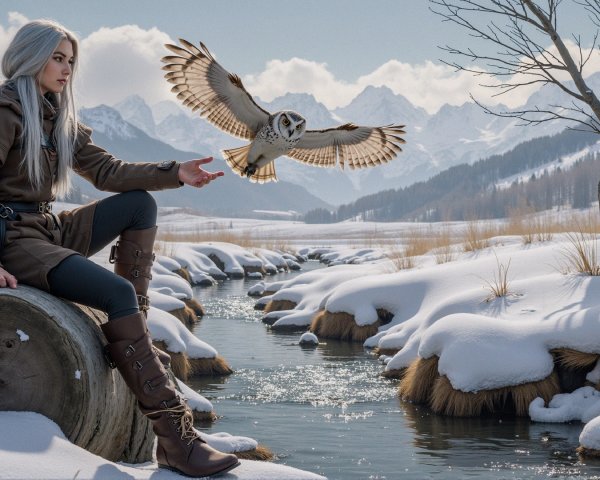 Young Woman in Winter Landscape with Owl and Mountains