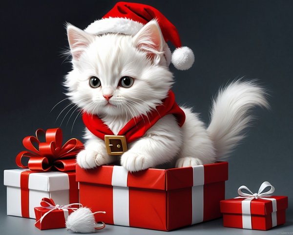 Fluffy White Kitten in Santa Hat with Gift Boxes