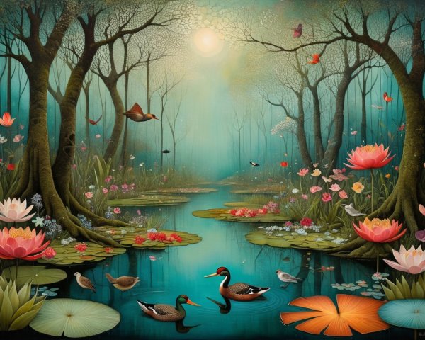 Enchanting Forest Scene with Tranquil Pond and Wildlife
