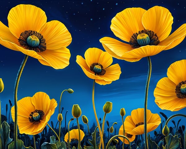 Golden-yellow Flowers Against a Blue Night Sky