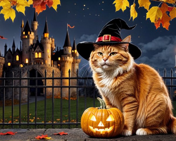 Fluffy Orange Cat in Witch Hat by Carved Pumpkin