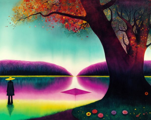 Serene Landscape with Colorful Tree and Calm Lake