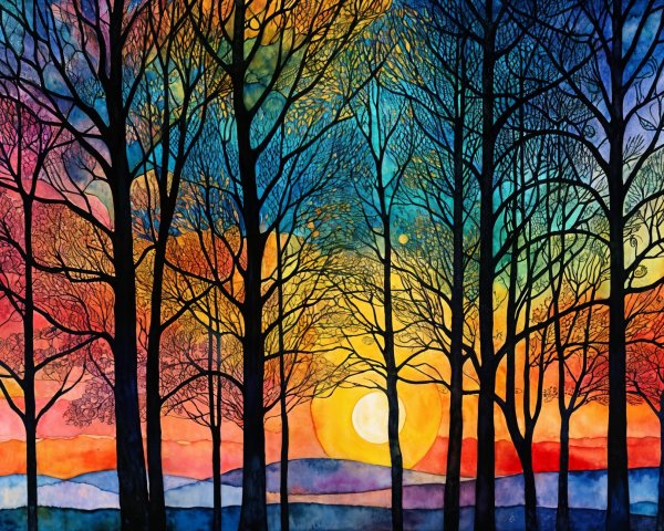 Vibrant Sunset with Silhouetted Trees and Hills