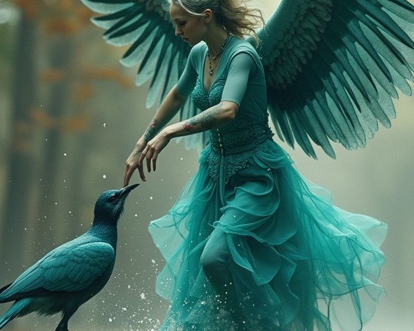 Mystical Forest Scene with Woman and Teal Wings