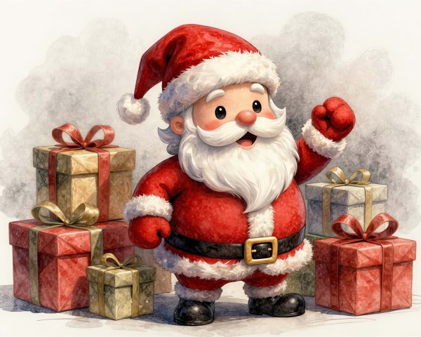 Cheerful Cartoon Santa Claus with Wrapped Presents