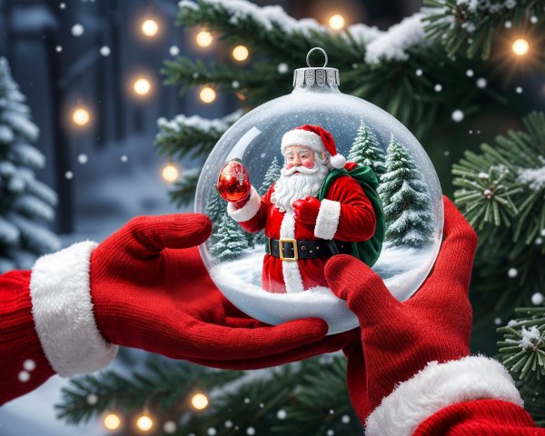 Red-Gloved Hands Holding Festive Santa Snow Globe
