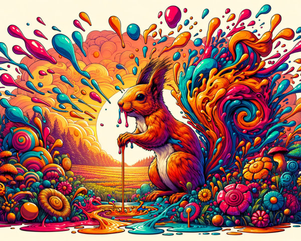 Whimsical Illustration of a Squirrel in a Colorful Scene