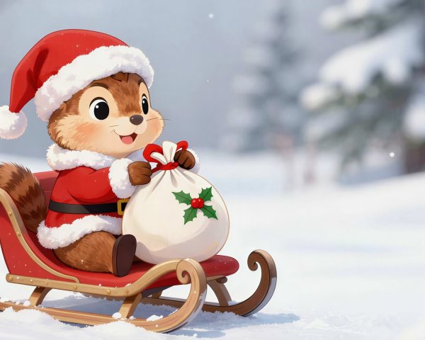 Anthropomorphic Chipmunk in Santa Suit on Sled