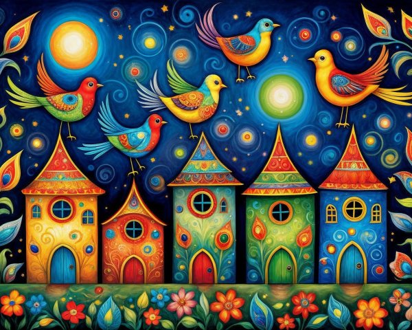 Colorful Birds and Whimsical Houses Under Starry Sky