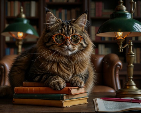 Maine Coon Cat with Glasses in Cozy Library Setting