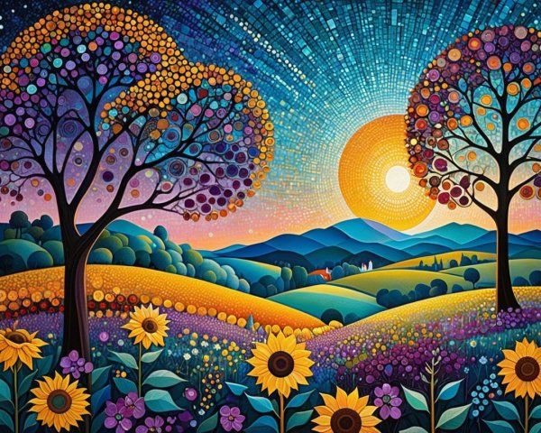 Vibrant Landscape with Colorful Trees and Sunrise