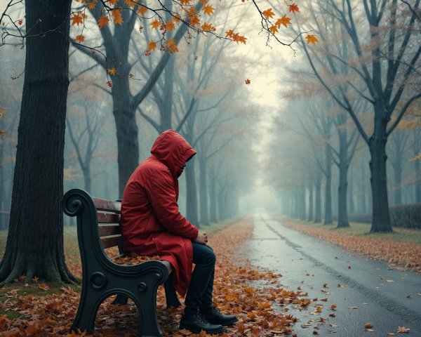 Solitary Figure in Red Coat on Misty Autumn Path