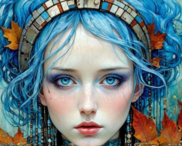 Young woman with blue hair and autumn leaves backdrop