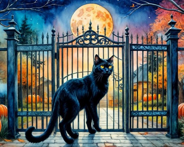 Twilight Scene with Black Cat and Full Moon