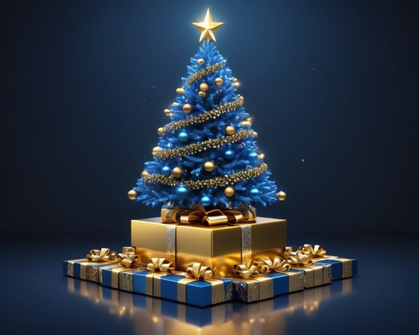 Vibrant Blue Christmas Tree with Gold Ornaments and Gifts