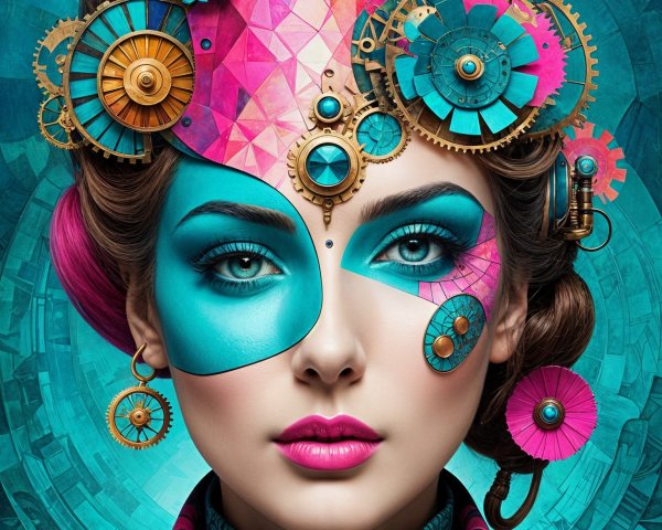 Portrait of a woman with turquoise and pink face paint
