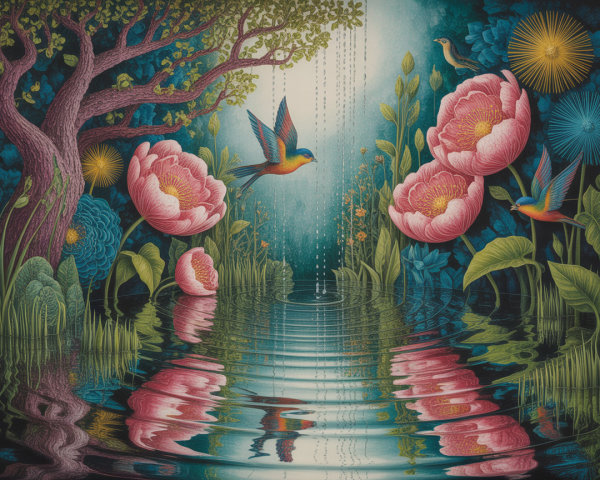 Vibrant Dreamlike Scene with Hummingbirds and Flowers