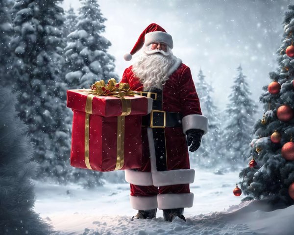 Santa Claus in snowy landscape with red gift box