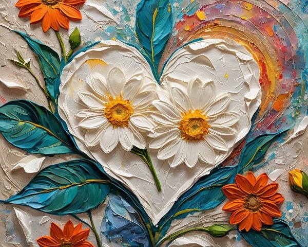 Textured Heart Artwork with Daisies and Colorful Background