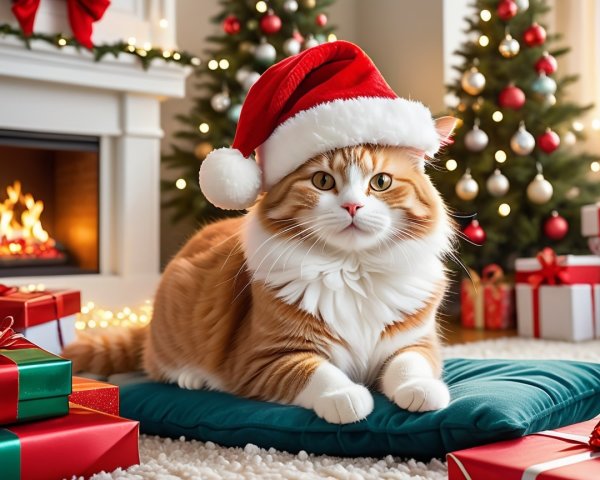 Fluffy Orange Cat in Festive Christmas Setting