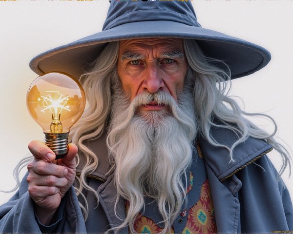 Elderly wizard with glowing bulb and detailed attire