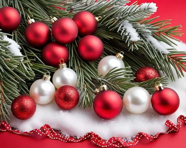 Close-up of Christmas Ornaments on Red Background