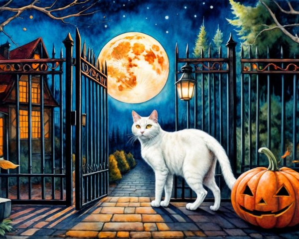 Mystical Halloween Scene with Cat and Moonlit Path