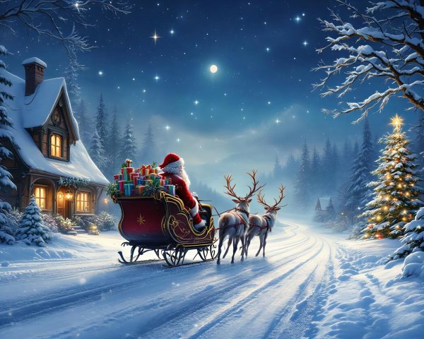 Santa Claus on a sleigh surrounded by winter scenery