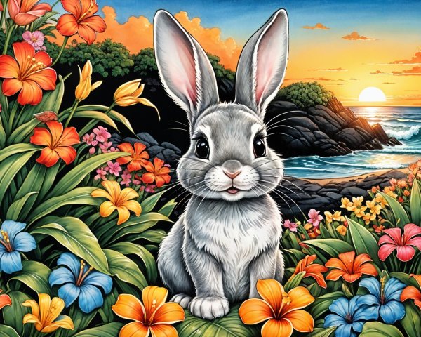 Gray Rabbit Surrounded by Colorful Flowers at Sunset