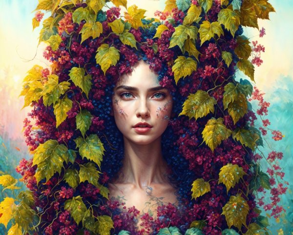 Portrait of a Young Woman Amidst Lush Foliage and Grapes