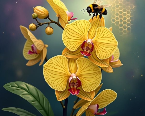 Close-up of a yellow orchid with a hovering bee