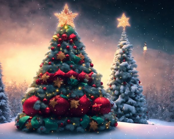 Photorealistic Winter Scene with Christmas Trees and Snow