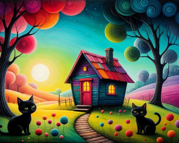 Whimsical Landscape with Colorful Sky and Cozy House