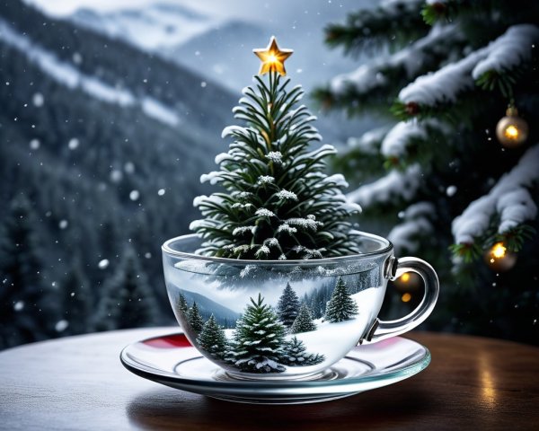 Miniature Christmas Tree in Glass Teacup with Snow Scene
