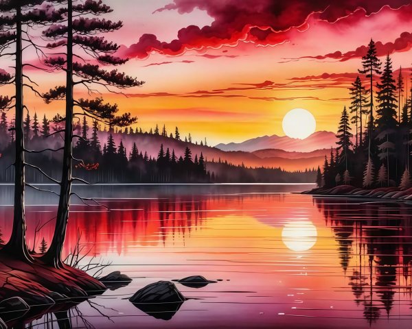 Vivid Sunset Over Lake with Pine Tree Silhouettes
