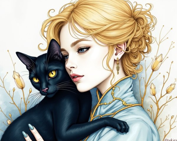 Portrait of Woman with Cat and Elegant Gold Accents