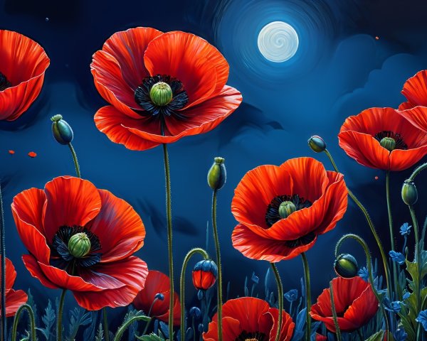 Vibrant Red Poppies Under a Bright Full Moon