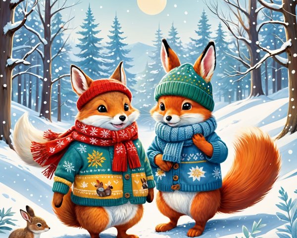 Foxes in Winter Sweaters in a Snowy Forest Scene