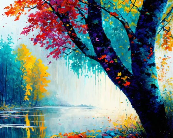 Vibrant Autumn Landscape with Serene River and Tree