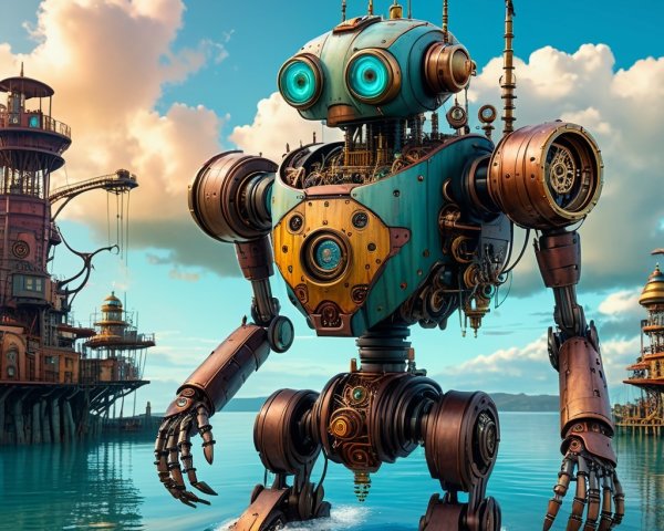 Whimsical Steampunk Robot in Enchanting Landscape
