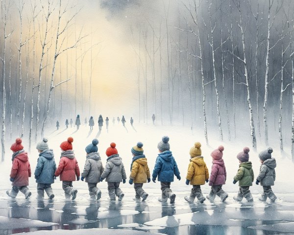 Children in Colorful Coats in a Snowy Landscape